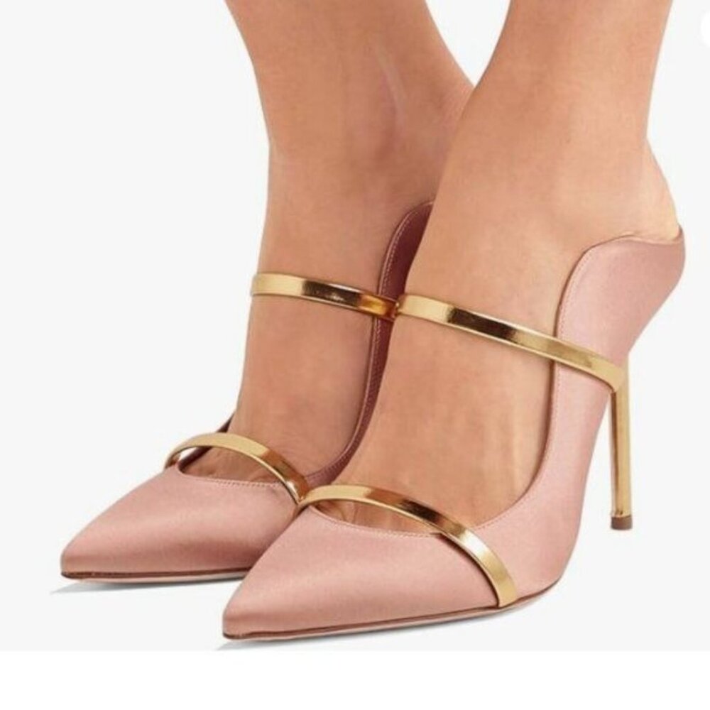 FSJ Pink Pointy Toe Mules Sandals High Heels Double Straps Slide Sandals